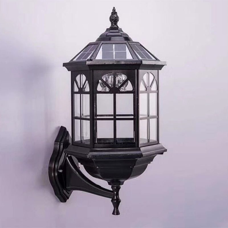 1 Bulb Clear Glass Wall Sconce Lodges Black Hexagon Outdoor Wall Lamp with Solar Panel