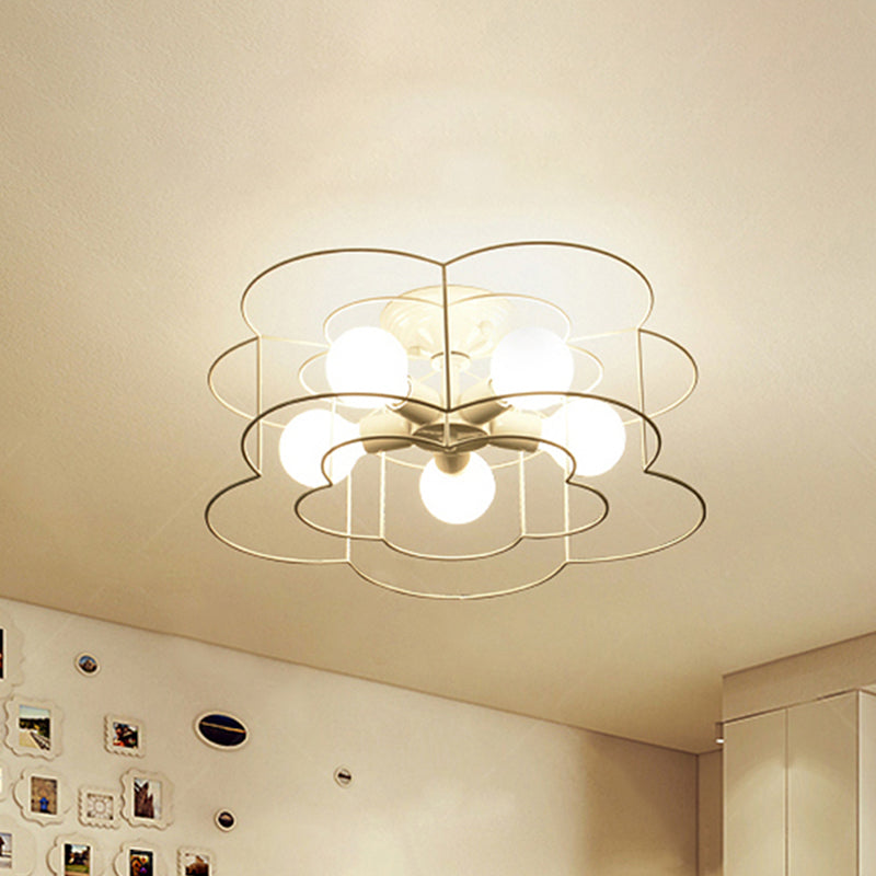 5-Light Bloom Shaped Semi-Flush Mount Modern Simple Wire Caged Ceiling Light in White for Bedroom
