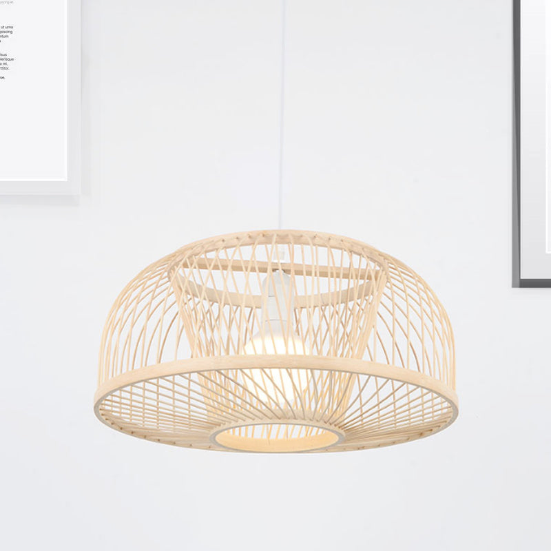 Beige Domed Hanging Ceiling Light Asian Style 1 Head Bamboo Pendant Lighting for Living Room