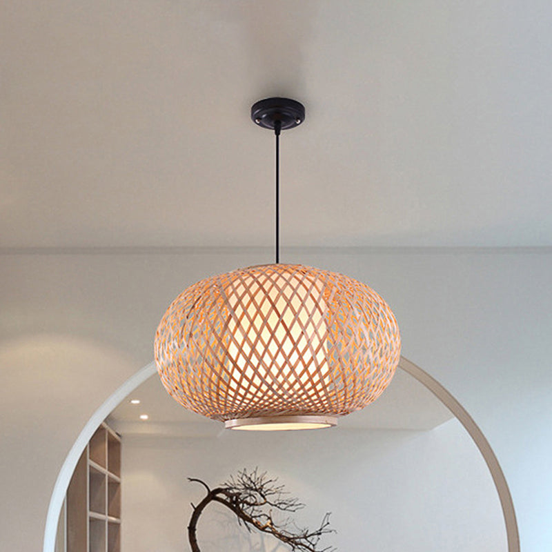 Curved Drum Restaurant Ceiling Fixture Bamboo 1 Light Asian Style Pendant Lighting with Cross Woven Design in Beige