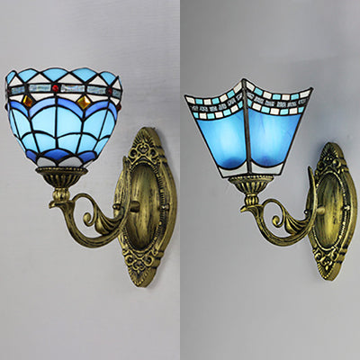 Nautical Wall Sconce with Dome/Swallow-Tail Shape Stained Glass 1 Light Wall Mount Light in Blue