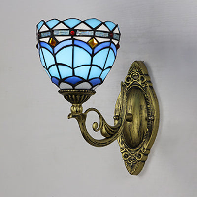 Nautical Wall Sconce with Dome/Swallow-Tail Shape Stained Glass 1 Light Wall Mount Light in Blue