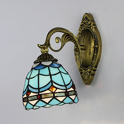 Nautical Wall Sconce with Dome/Swallow-Tail Shape Stained Glass 1 Light Wall Mount Light in Blue