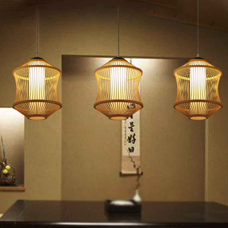 1 Head Restaurant Ceiling Lamp with Cylinder Bamboo Shade Asian Style Beige Hanging Light Fixture