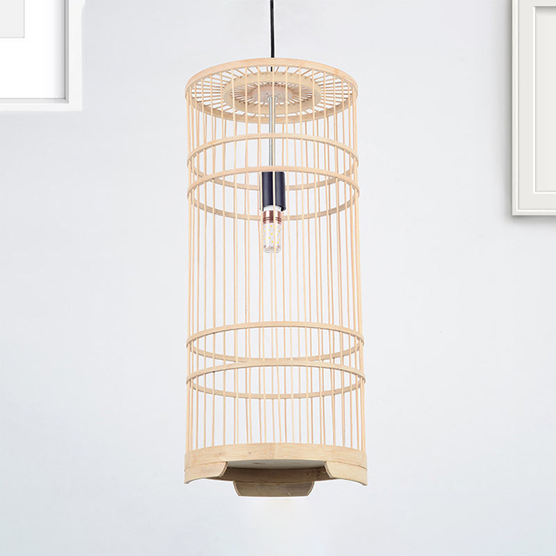 Cylindrical Shade Hanging Light Asian Style Bamboo 1-Bulb Beige Pendant Lamp for Dining Room