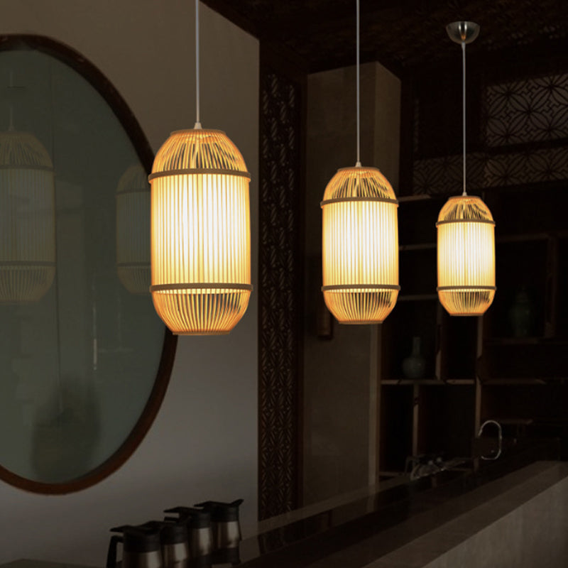 Oblong Shade Hanging Lamp Country Style Bamboo 1-Light Beige Ceiling Light Fixture for Bedroom