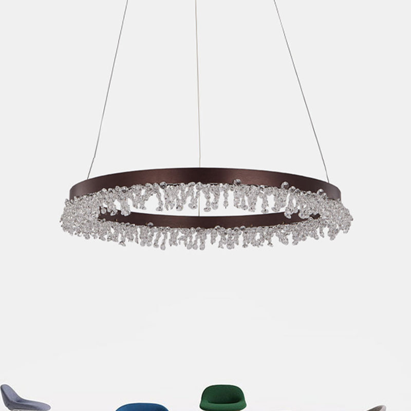 Brown Round Chandelier Light Contemporary Crystal LED Hanging Lamp in Natural Light for Bedroom, 16"/23.5"/31.5" Wide