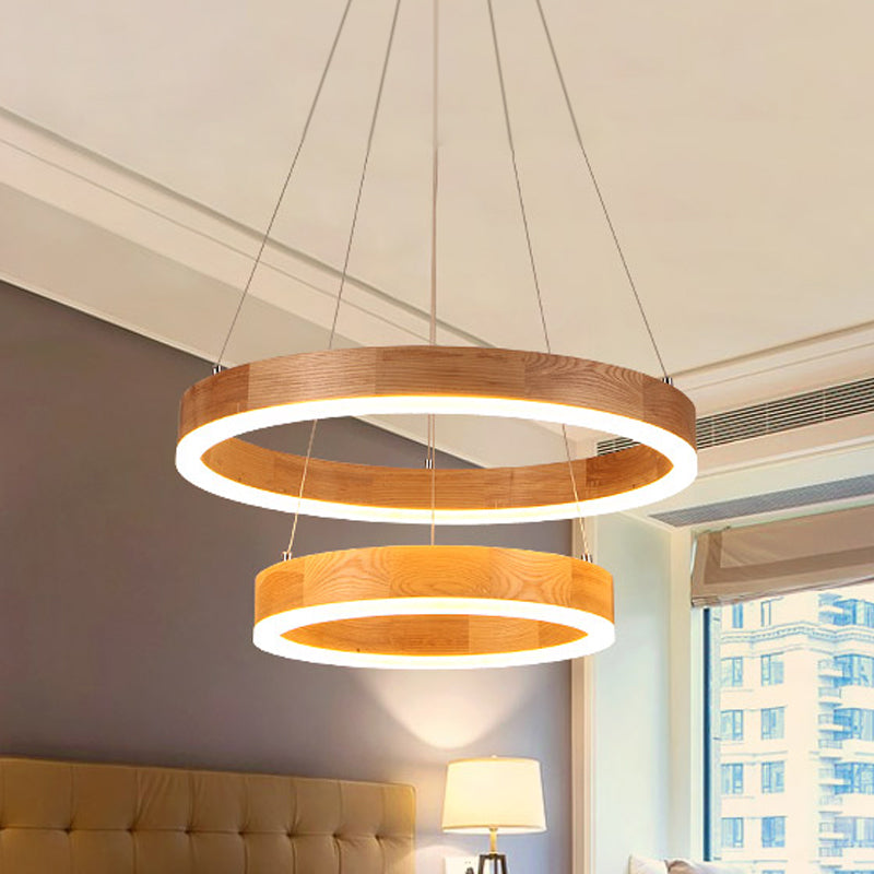 Wood Ring LED Chandelier Light Modern 1/2/3-Light Beige Drop Pendant Fixture for Dining Room
