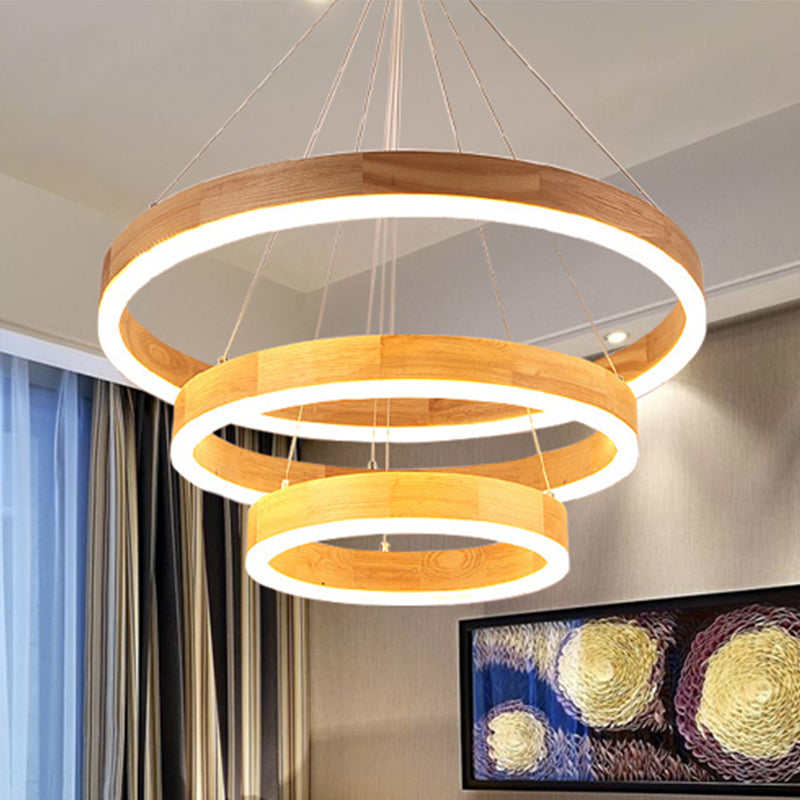 Wood Ring LED Chandelier Light Modern 1/2/3-Light Beige Drop Pendant Fixture for Dining Room
