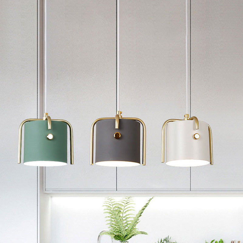 Macaron con estilo 1 Luz colgante de luz con tono metálico Lámpara de suspensión de barril gris/blanco para el comedor