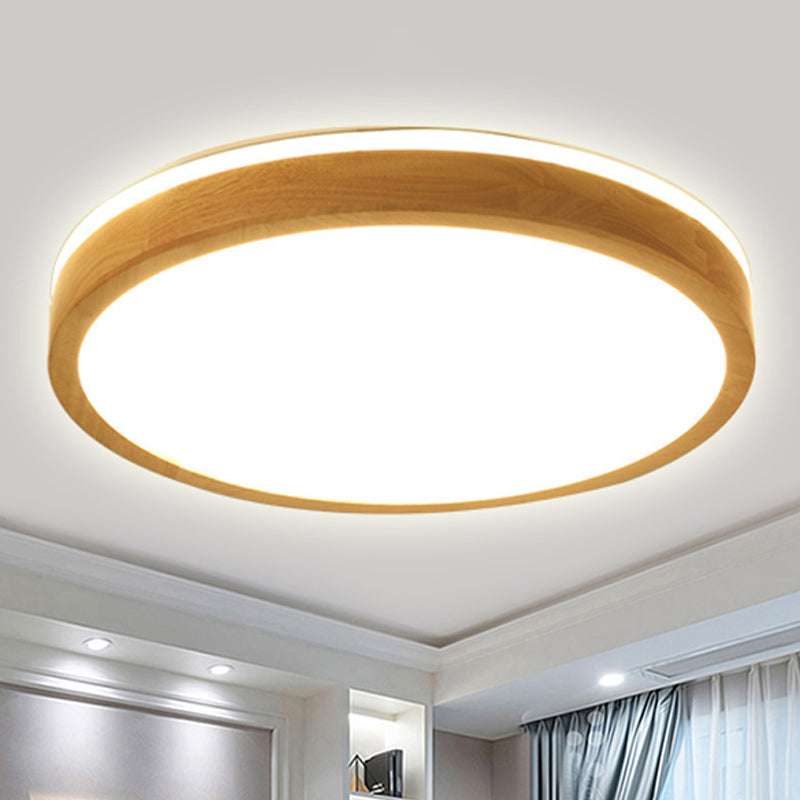 12"/16"/19.5" Wide Round Wood Flush Mount Modernist 1 Light Beige Led Flush Ceiling Light Fixture with Frosted Diffuser in Natural Light