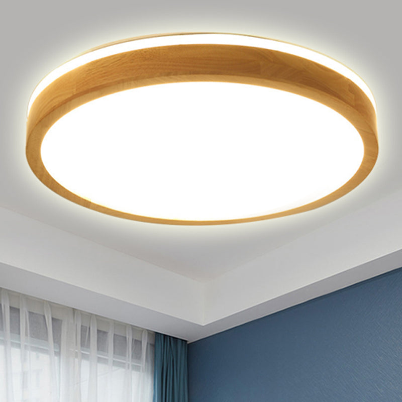 12"/16"/19.5" Wide Round Wood Flush Mount Modernist 1 Light Beige Led Flush Ceiling Light Fixture with Frosted Diffuser in Natural Light