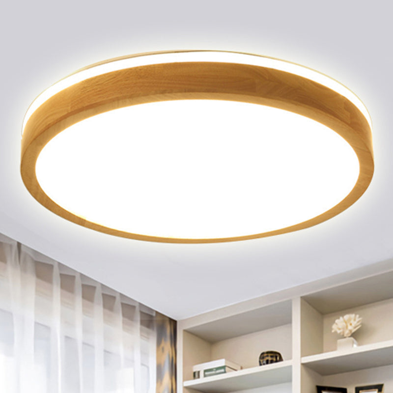 12"/16"/19.5" Wide Round Wood Flush Mount Modernist 1 Light Beige Led Flush Ceiling Light Fixture with Frosted Diffuser in Natural Light