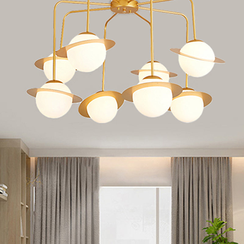 Lámpara de araña radial de metal contemporánea 8 luces de oro/cromo led colgante lámpara de techo accesorio con tono de globo de vidrio blanco