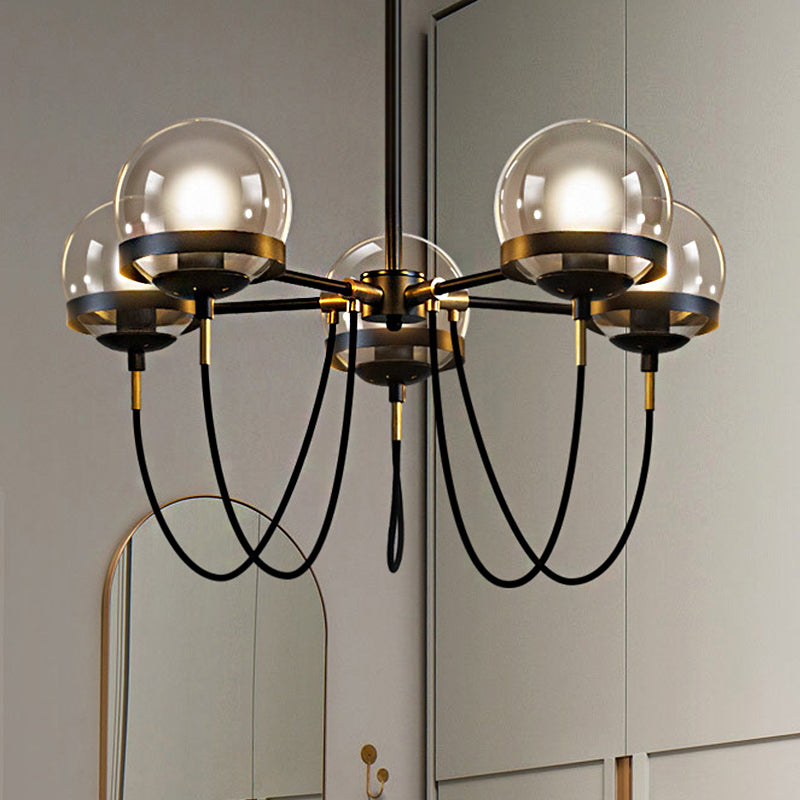 Global en verre transparent pendant lustre moderniste multiclaval kit de lumière suspendue noir / or avec nuance de balle en verre fumée intérieure