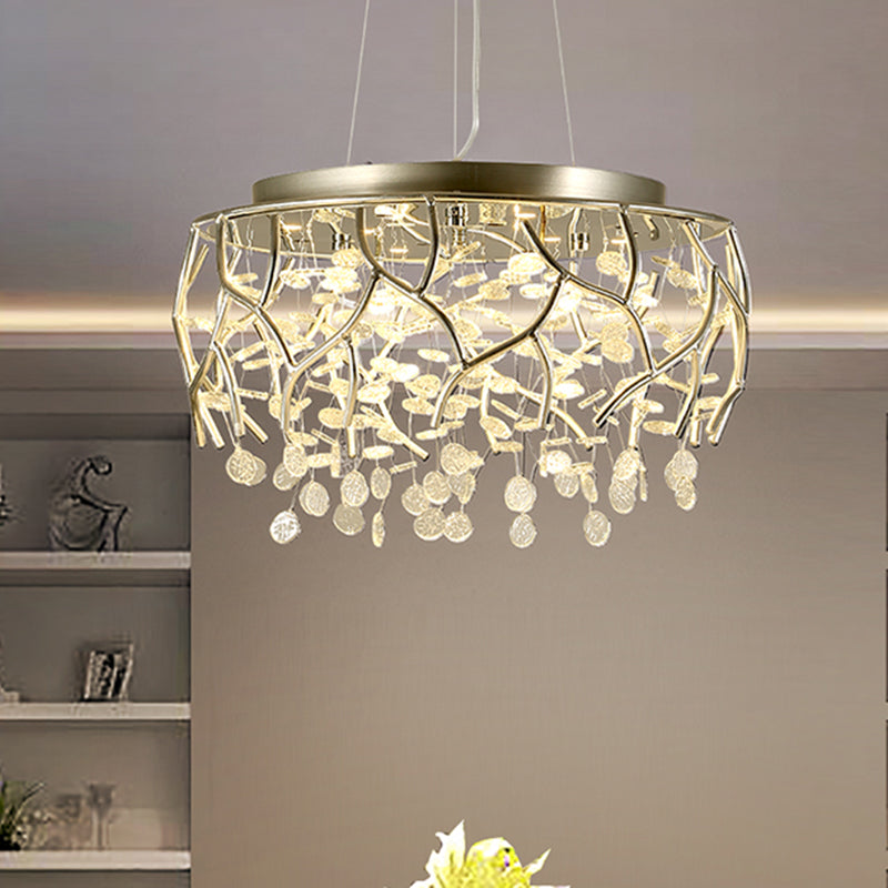 Branch Chrome Chandelier Contemporary Ripple Glass LED Dining Room Ceiling Pendant in Warm/White Light