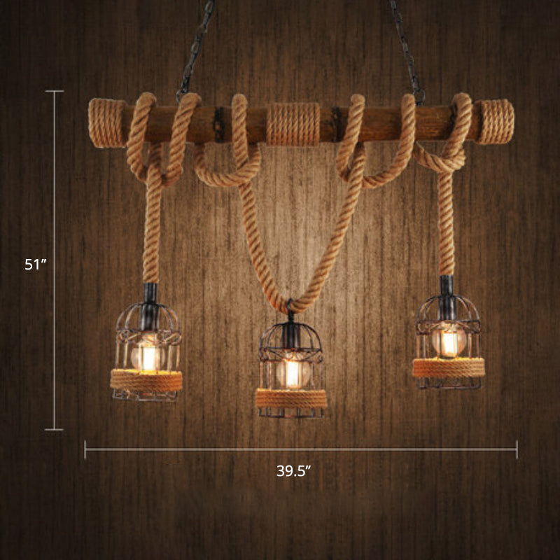 Lámpara colgante de bambú de 3 luces Estilo country Restaurant Island Light con cuerda de cáñamo