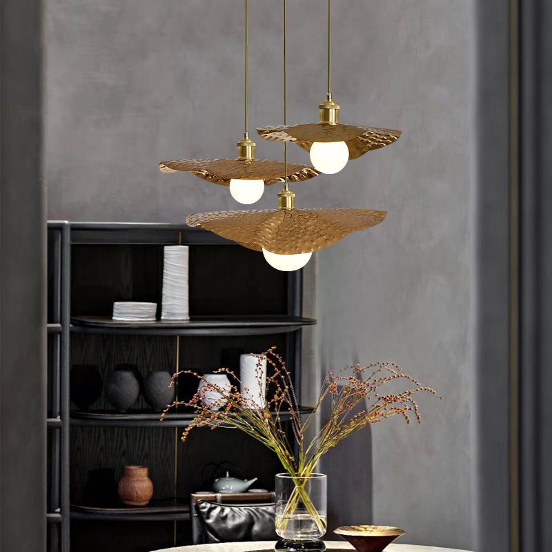 Hammered Metal Lotus Leaf Pendant Lamp Creative Postmodern 1-Light Brown Hanging Ceiling Light