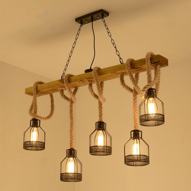 Wooden Linear Island Lamp Rustic Restaurant Suspension Pendant Light with Mesh Cage