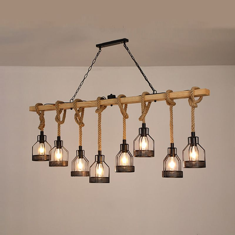 Wooden Linear Island Lamp Rustic Restaurant Suspension Pendant Light with Mesh Cage