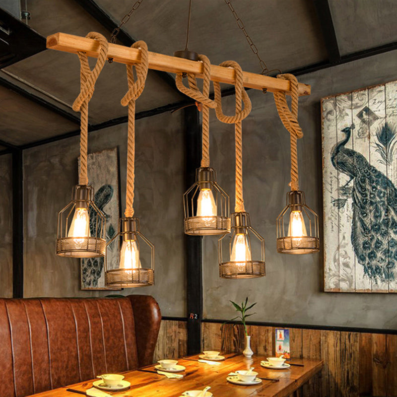 Wooden Linear Island Lamp Rustic Restaurant Suspension Pendant Light with Mesh Cage