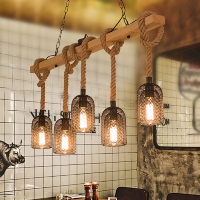 Wooden Linear Island Lamp Rustic Restaurant Suspension Pendant Light with Mesh Cage
