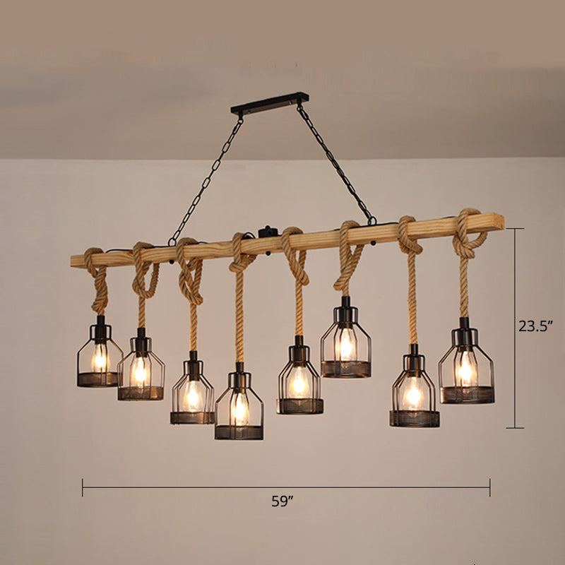 Wooden Linear Island Lamp Rustic Restaurant Suspension Pendant Light with Mesh Cage