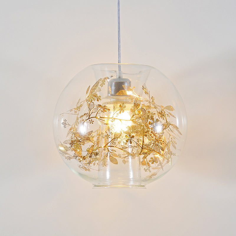 Global Transparent Glass Suspension Light Minimalist 1 Bulb Ceiling Pendant with Scattered Flower Deco