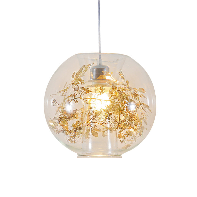 Global Transparent Glass Suspension Light Minimalist 1 Bulb Ceiling Pendant with Scattered Flower Deco