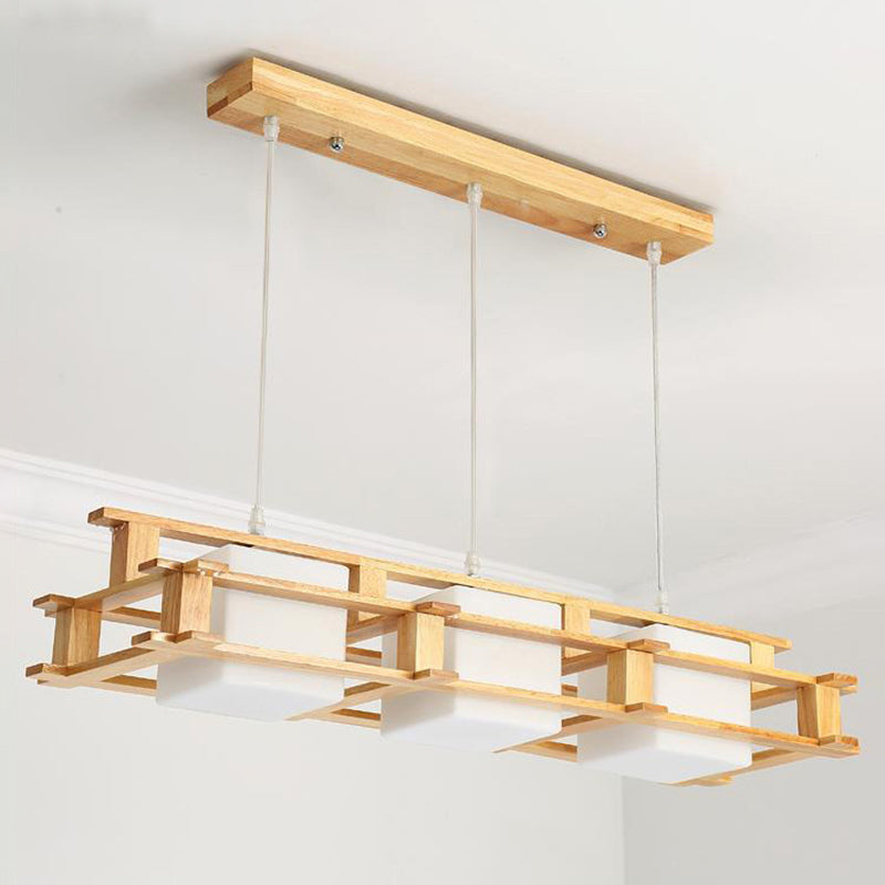 Cubo de vidrio crema colgante colgante Luz moderna 3 cabezas de la madera de la madera de iluminación de la isla