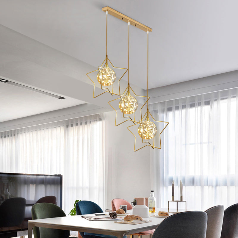 Gold Star and Ball Cluster Custpant Designer 3 teste a LED LED in vetro trasparente per il ristorante