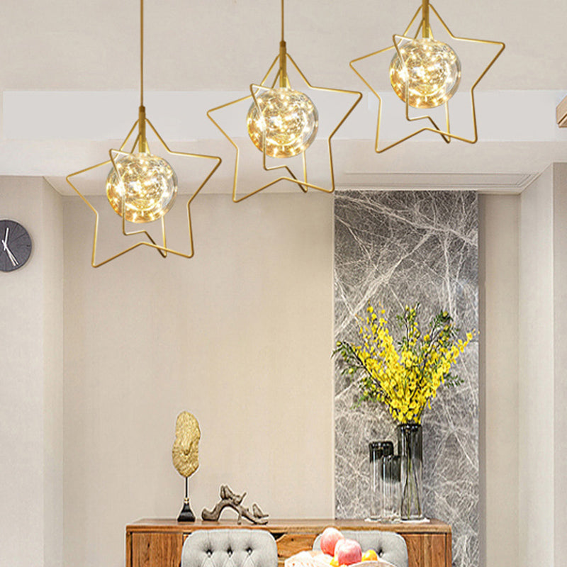 Gold Star and Ball Cluster Custpant Designer 3 teste a LED LED in vetro trasparente per il ristorante