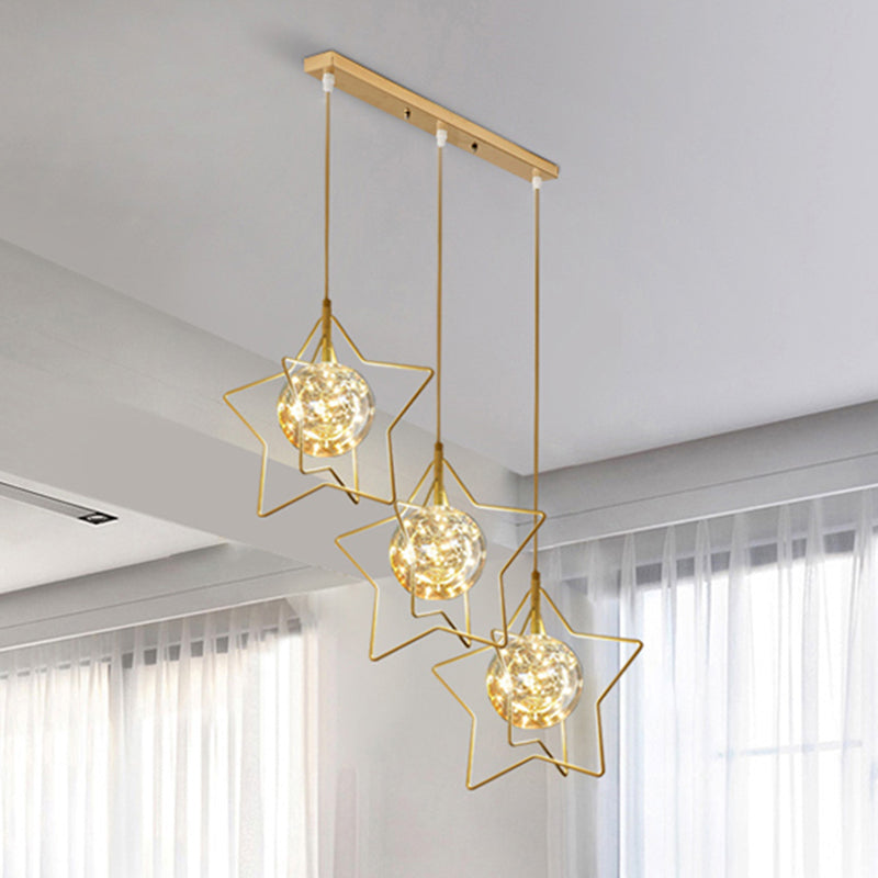 Gold Star and Ball Cluster Custpant Designer 3 teste a LED LED in vetro trasparente per il ristorante