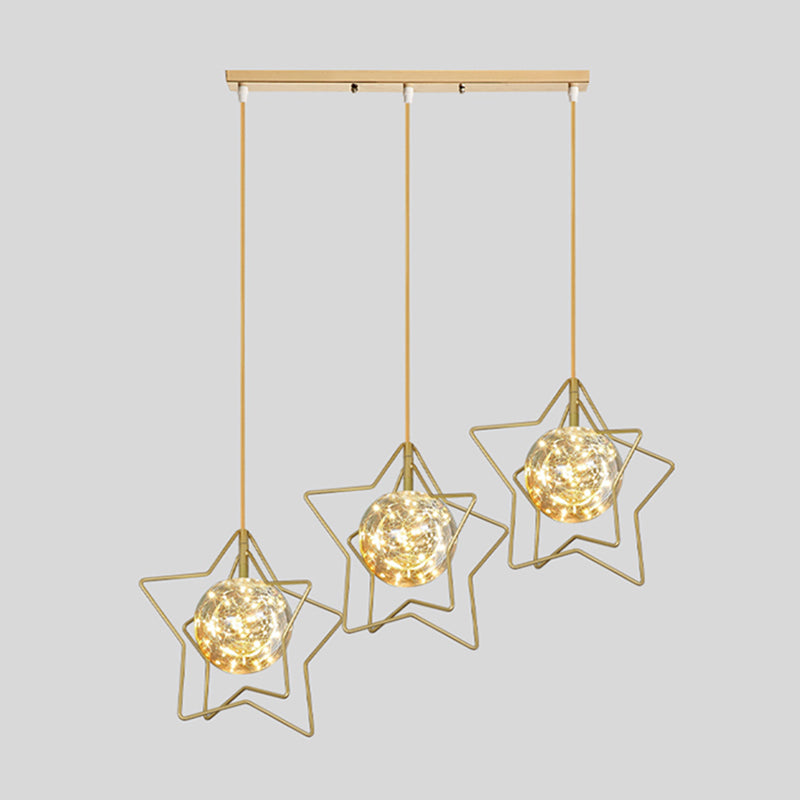 Gold Star and Ball Cluster Custpant Designer 3 teste a LED LED in vetro trasparente per il ristorante