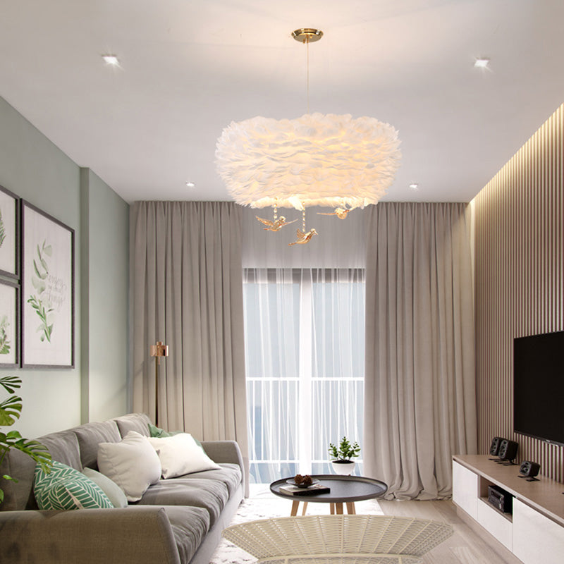 Feather Nest Shaped Chandelier Minimalism Pendant Light Fixture with Crystal Bird Decor