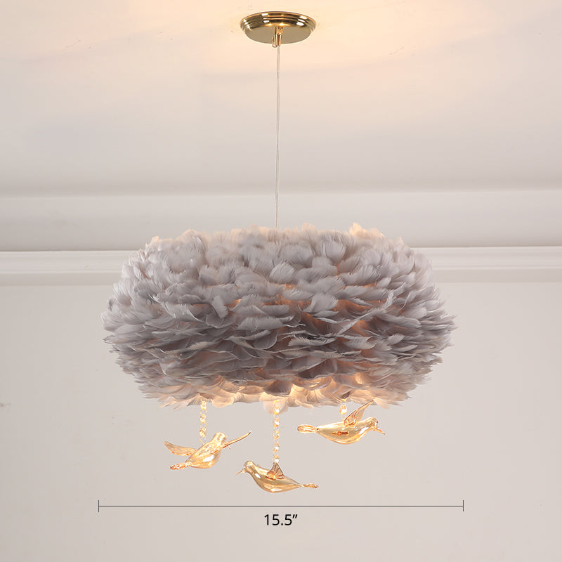 Feather Nest Shaped Chandelier Minimalism Pendant Light Fixture with Crystal Bird Decor