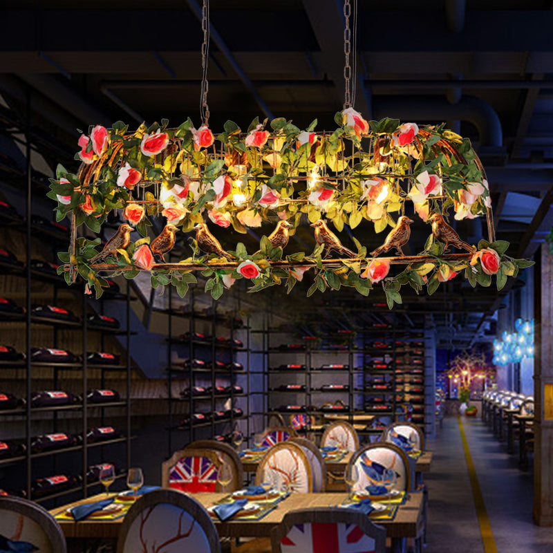 Green-Pink 4 Bulbs Island Lamp Loft Style Iron Birdcage Pendant Light with Artificial Flower and Plant
