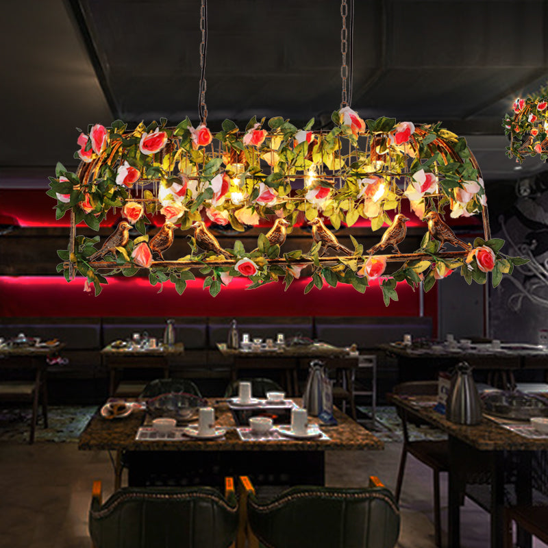 Green-Pink 4 Bulbs Island Lamp Loft Style Iron Birdcage Pendant Light with Artificial Flower and Plant