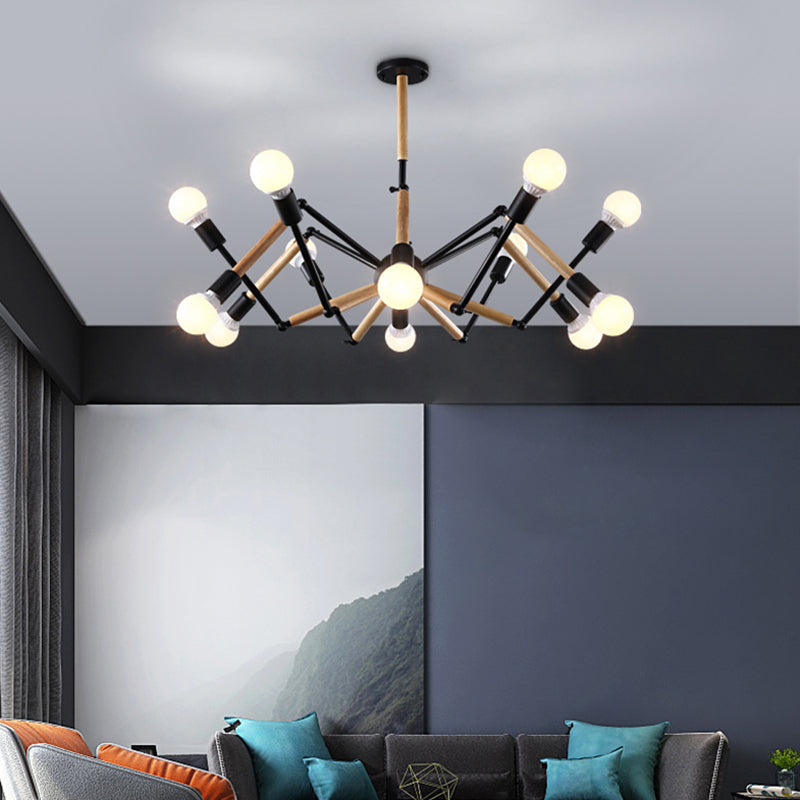 Black and Wood Spider Chandelier Loft Style Metal Living Room Ceiling Hang Light