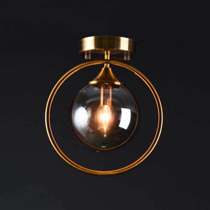 Postmodern Ball Ceiling Lighting Glass 1-Light Corridor Semi-Flush Mount Light with Brass Metal Ring