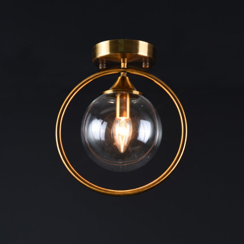 Postmodern Ball Ceiling Lighting Glass 1-Light Corridor Semi-Flush Mount Light with Brass Metal Ring