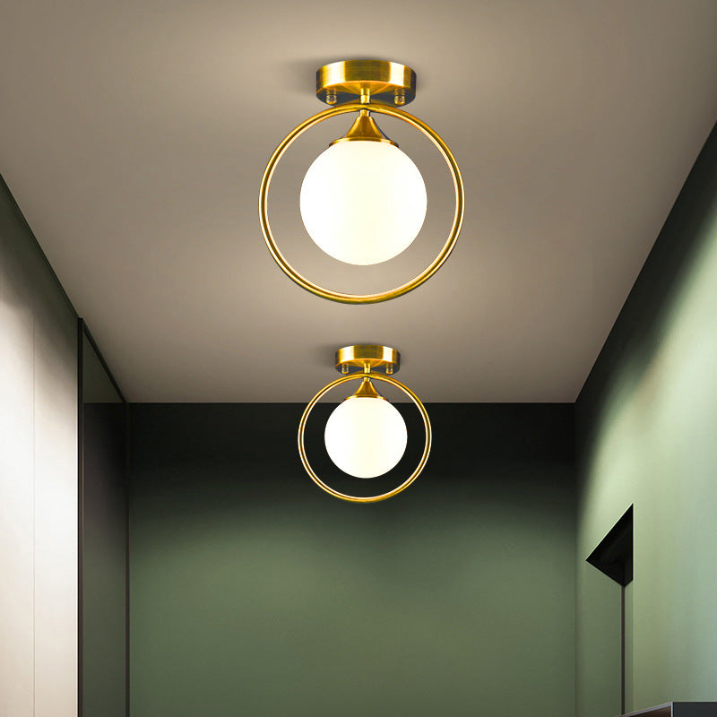 Postmodern Ball Ceiling Lighting Glass 1-Light Corridor Semi-Flush Mount Light with Brass Metal Ring