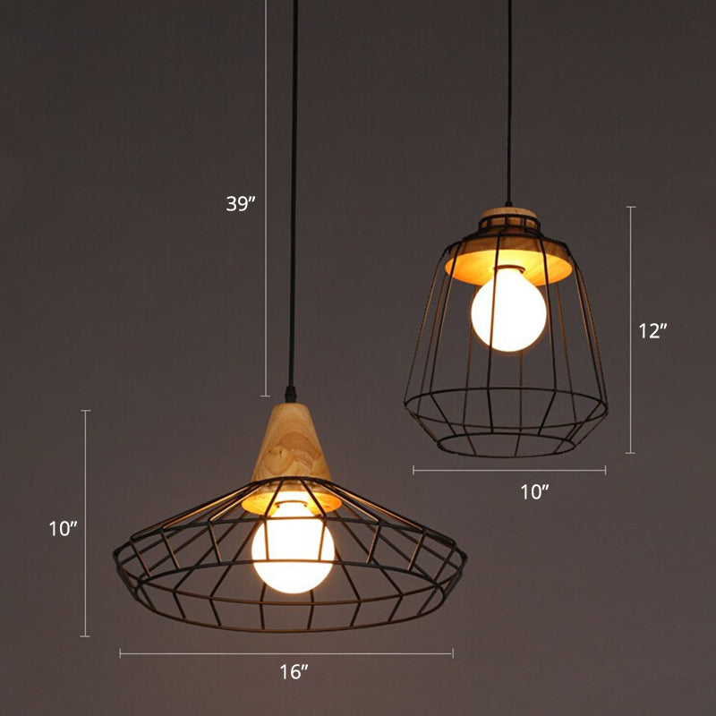 1-Light Caged Hanging Light Fixture Rustic Black Metal Commercial Pendant Lighting with Wooden Socket