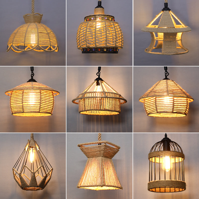 Single Cage Shade Pendulum Light Country Style Wood Rope Suspension Light for Restaurant