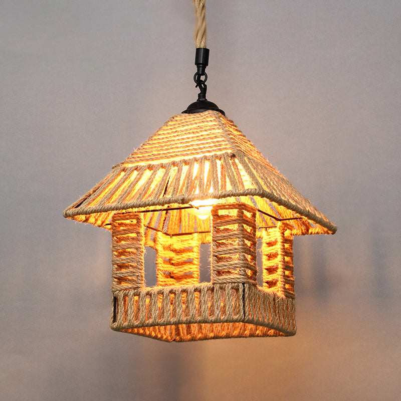 Single Cage Shade Pendulum Light Country Style Wood Rope Suspension Light for Restaurant
