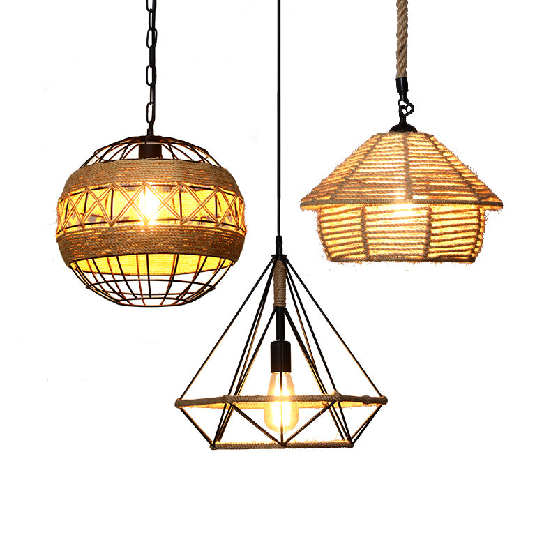 Single Cage Shade Pendulum Light Country Style Wood Rope Suspension Light for Restaurant