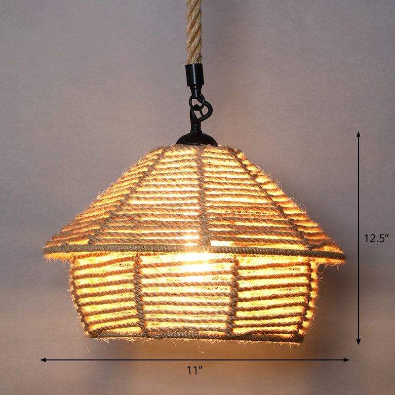 Single Cage Shade Pendulum Light Country Style Wood Rope Suspension Light for Restaurant