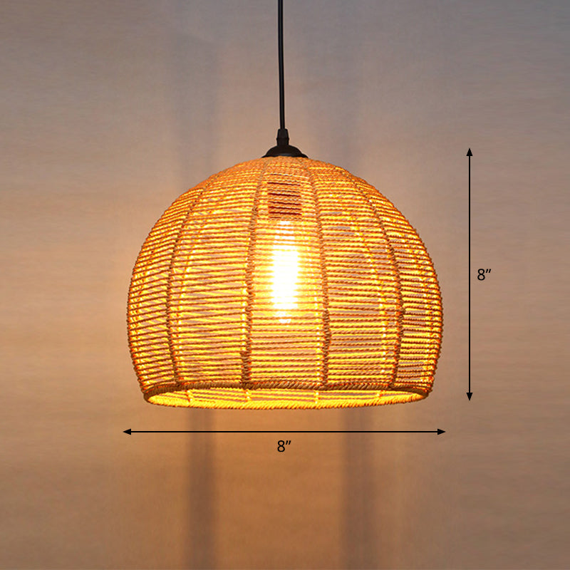 Single Cage Shade Pendulum Light Country Style Wood Rope Suspension Light for Restaurant