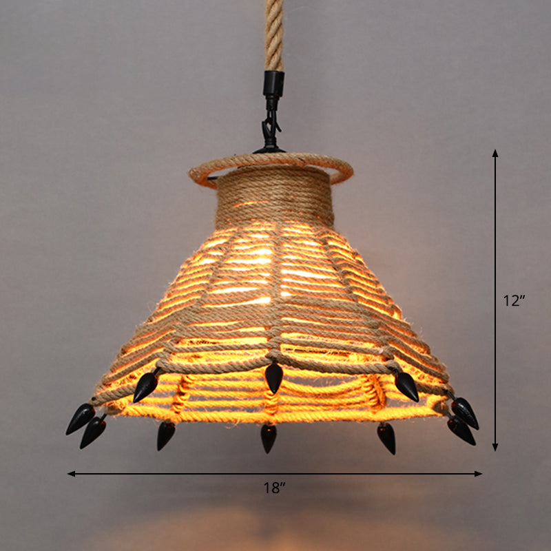 Single Cage Shade Pendulum Light Country Style Wood Rope Suspension Light for Restaurant