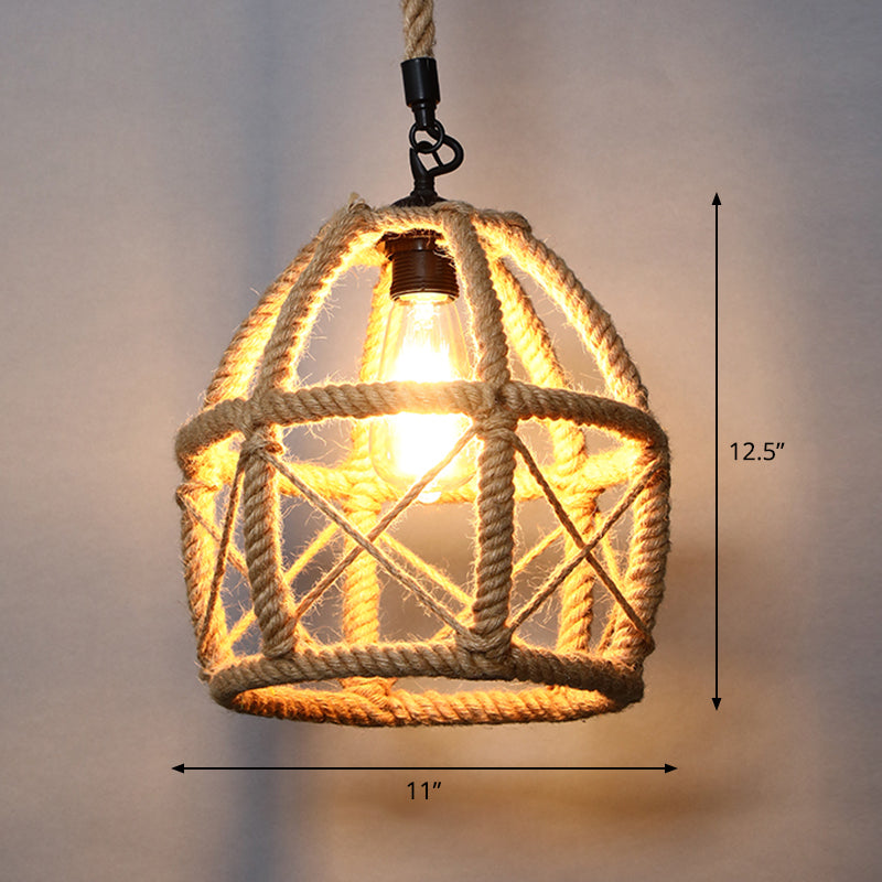 Single Cage Shade Pendulum Light Country Style Wood Rope Suspension Light for Restaurant